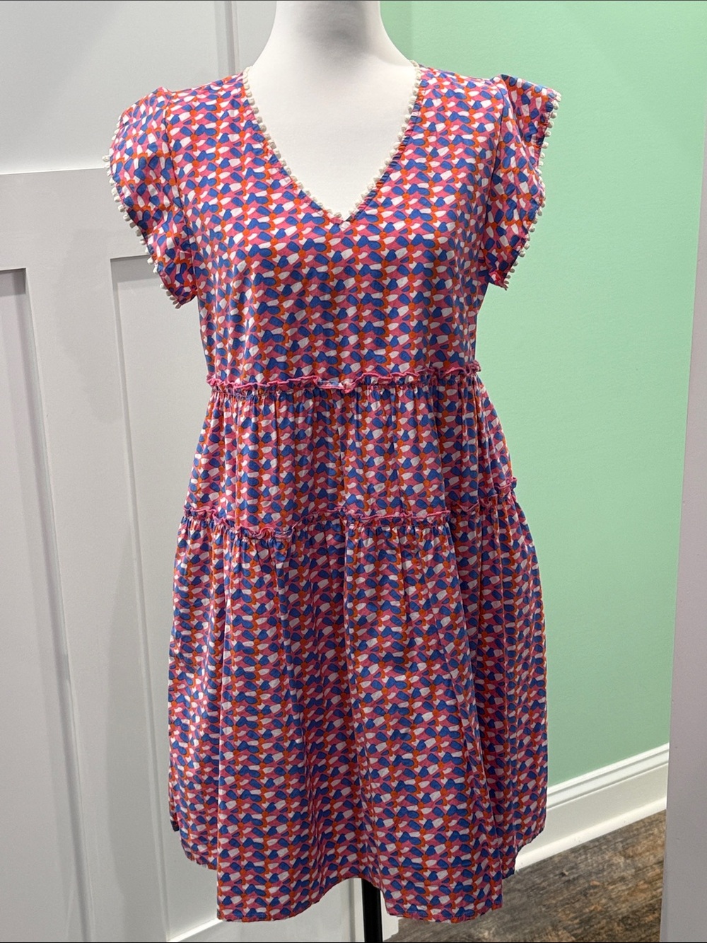 THML Pink and Blue Geometric V-Neck Tiered Dress. Size S